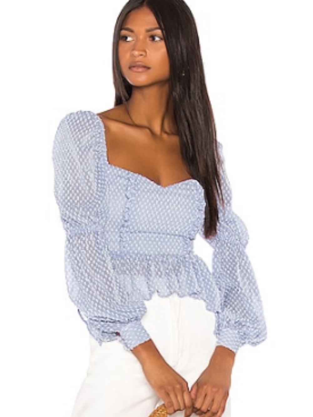 Song of Style Light Blue Swiss Dot Puff-Sleeve Peplum Blouse